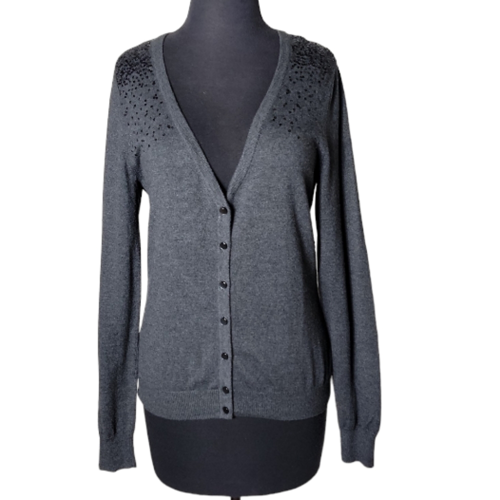 Merona gray button front v neck cardigan black sequin shoulders women's medium